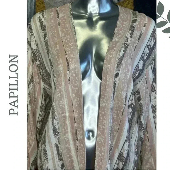 Papillon Kimono Top Long Sleeve Vertical Stripe PaisleyPink Cream Light Brown - Picture 5 of 7